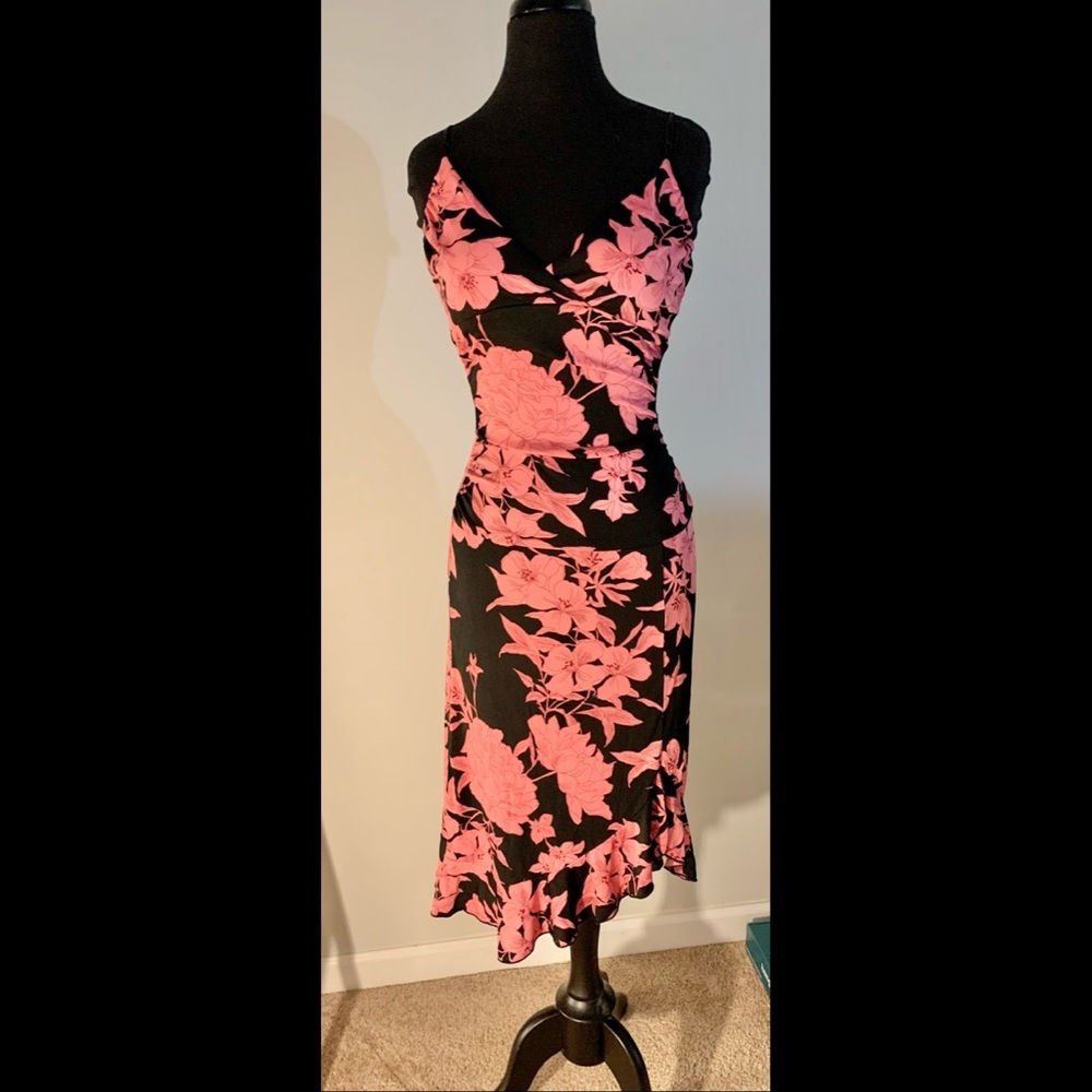 Trixxi Pink and Black Floral Spaghetti Strap Ruffle Trim